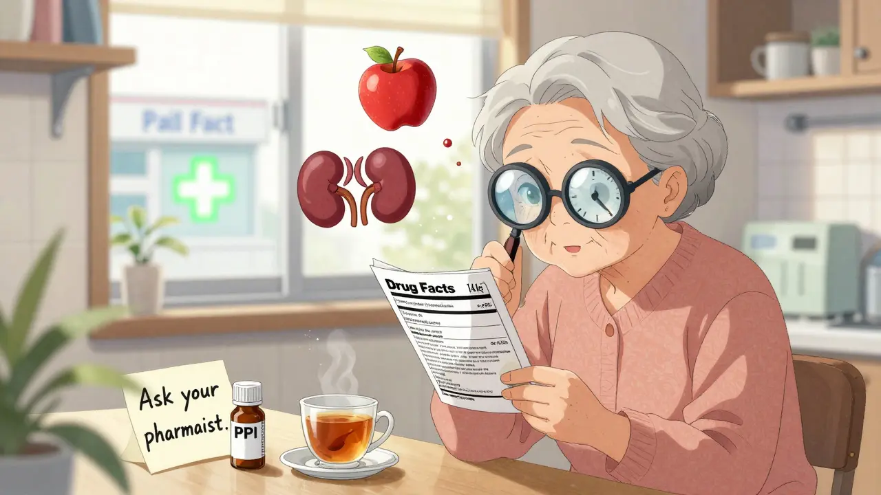 An elderly woman reading a drug label with floating health risk symbols in her kitchen.