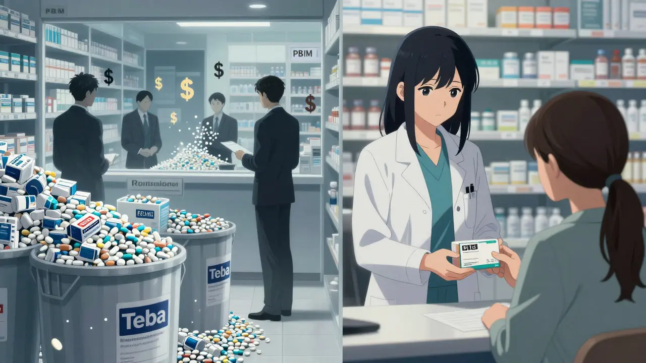 Contrasting scenes: a U.S. warehouse overflowing with generic pills vs. a quiet European pharmacy with a branded pill and €15 price tag.