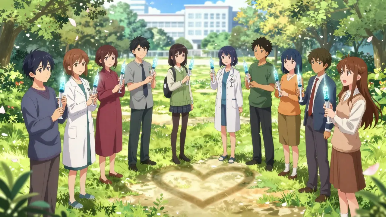 Diverse patients holding biosimilar syringes in a sunlit park, their shadows forming a heart shape.