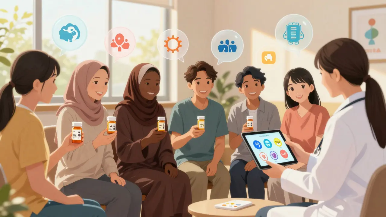 Diverse patients sit together in a health center, each holding translated pill bottles with clear visual instructions under warm light.