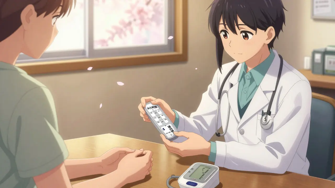 Doctor and patient discussing safe medication timing with pill organizer and compression socks.