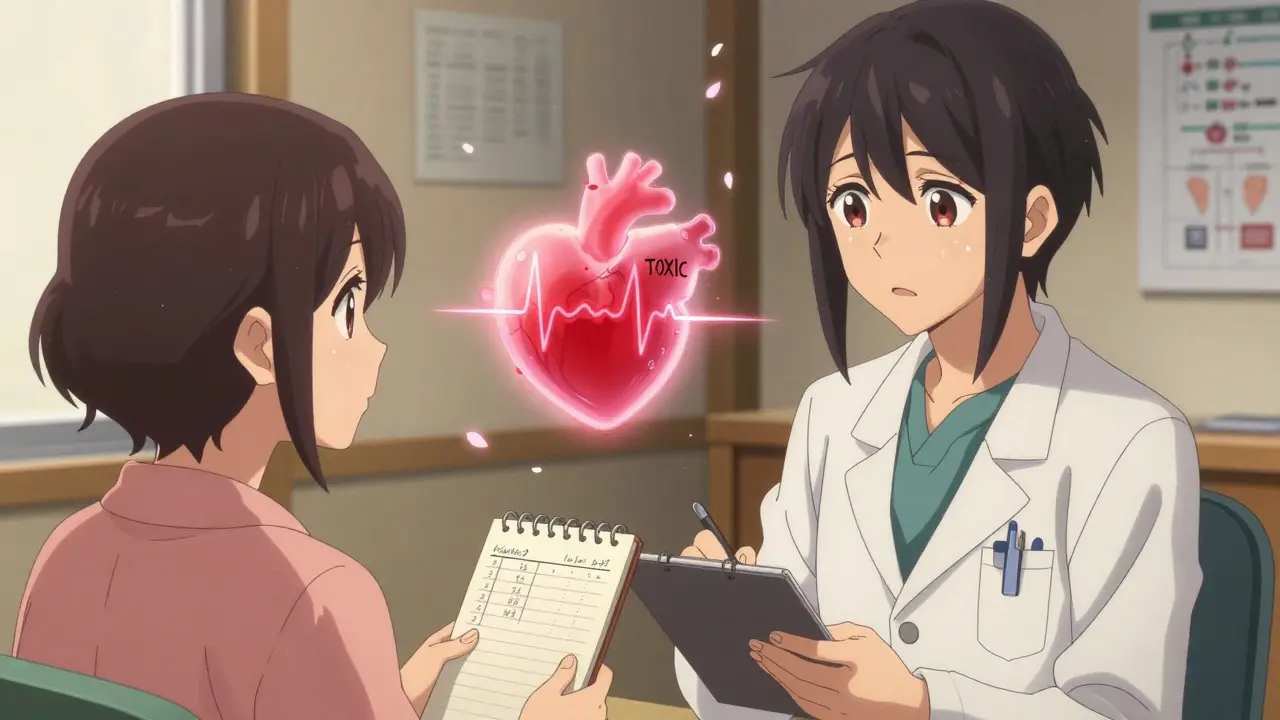 Doctor and patient in clinic with glowing heart showing toxic rhythm, patient holding blood level notes.