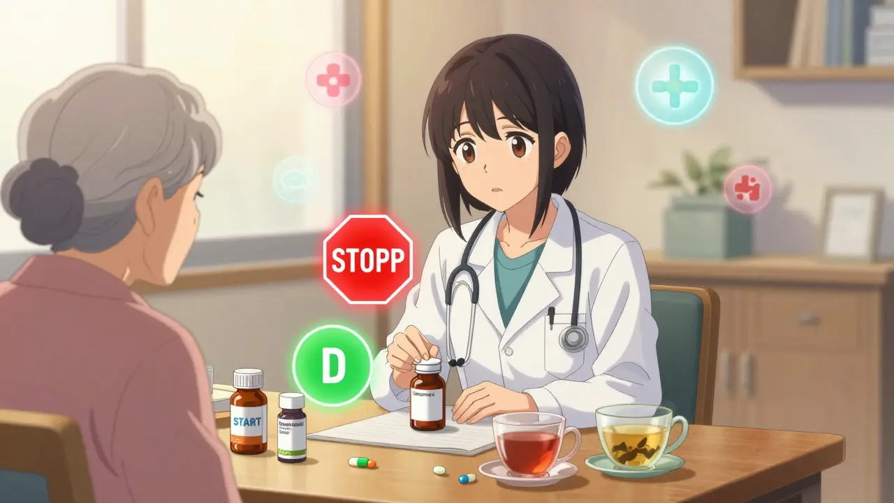 Doctor and patient reviewing medications with glowing STOPP and START icons above pills.