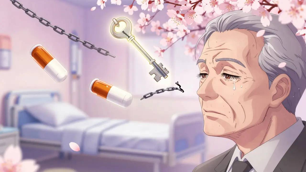 Elderly man’s mind freed from pill chains by a glowing key, surrounded by blooming cherry blossoms.