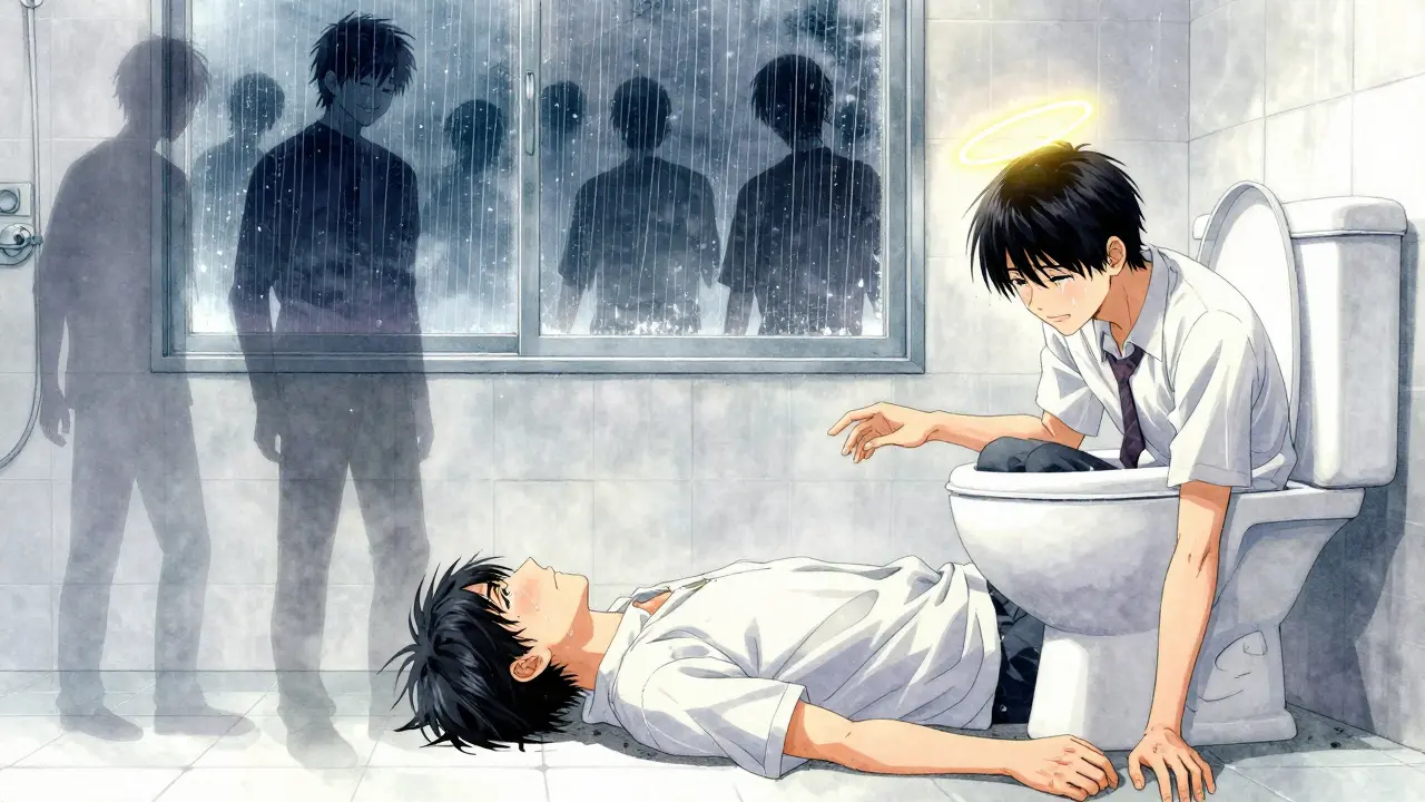 Man collapsed on bathroom floor at night, with fading memories of his healthier self around him.