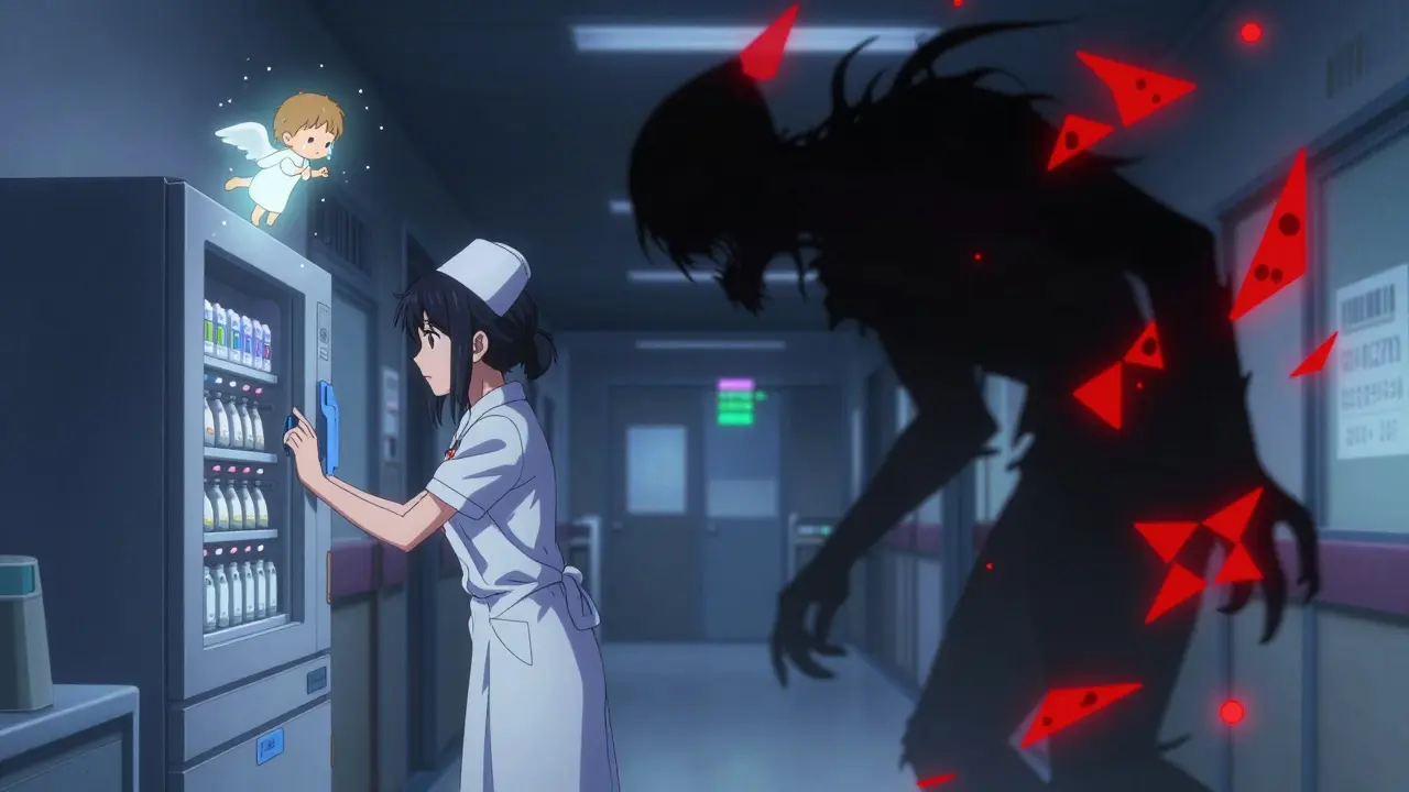 Nurse hesitating before overriding a dispensing cabinet, red warnings swirling as a child's ghostly figure watches.
