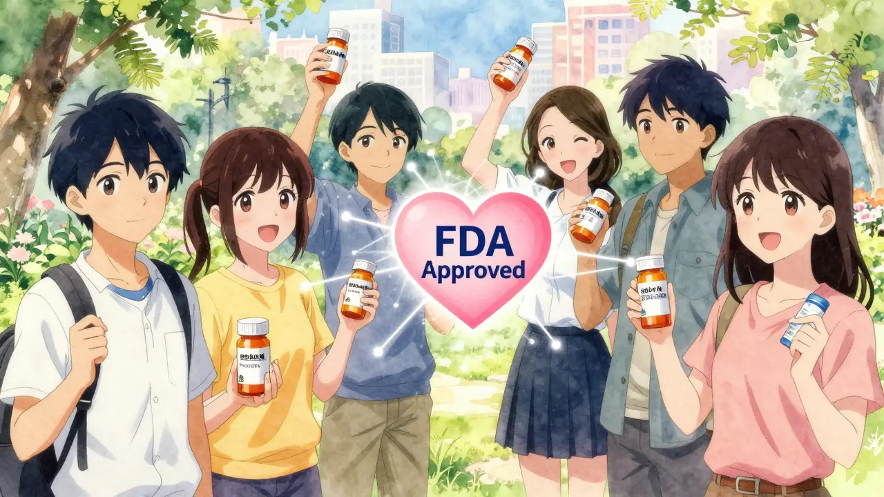 People in a park hold generic medicine bottles connected by glowing threads to an FDA-approved heart symbol.