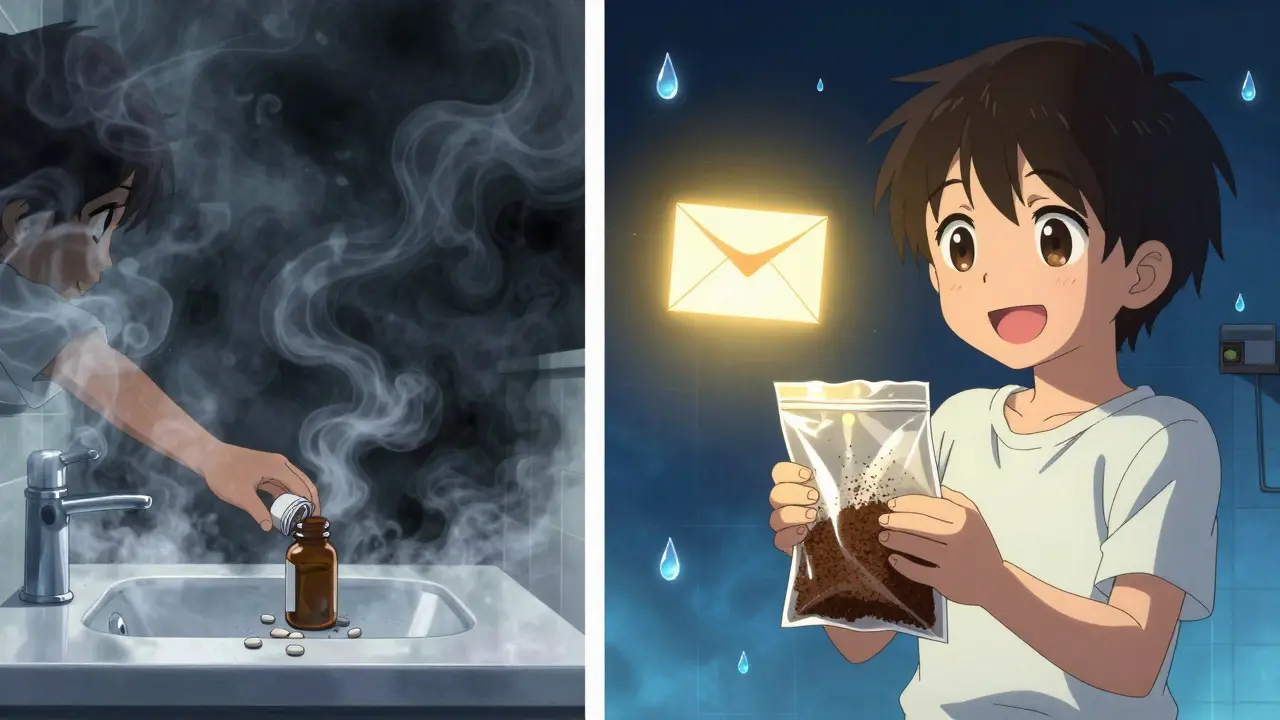 Split scene: child reaching for pills vs. safely disposing them in sealed trash, with glowing mail-back envelope.