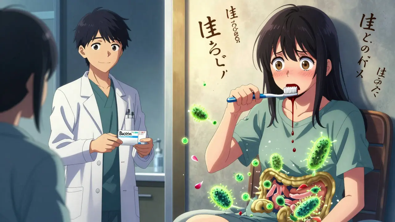 Split scene: doctor giving antibiotic prescription vs. patient bleeding from gums at home