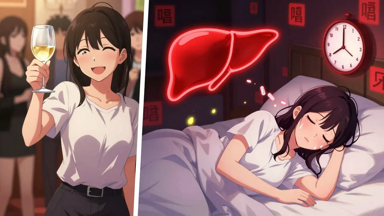 Split scene: person drinking wine at a party vs. same person asleep with dangerous alcohol effects glowing above them.