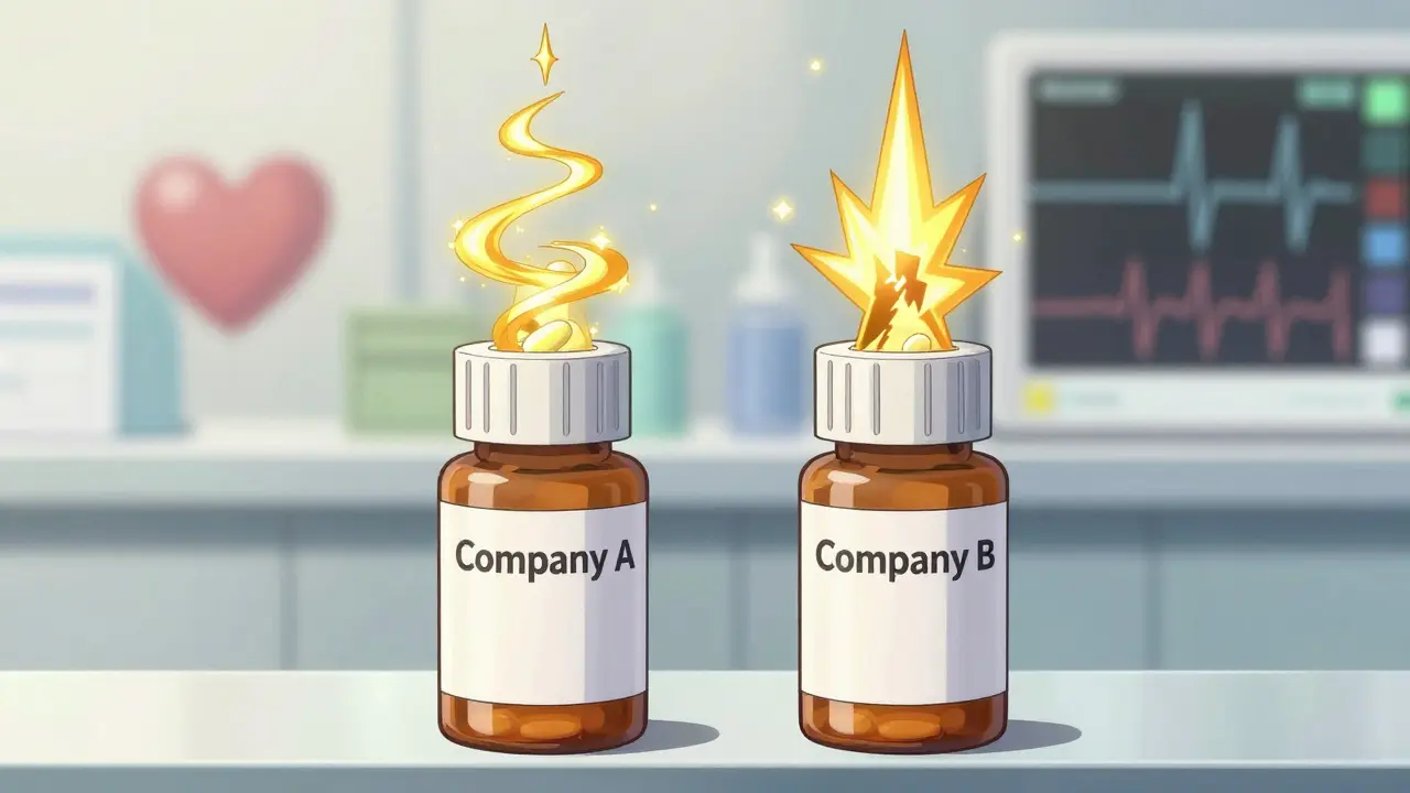 Two digoxin pill bottles on counter with swirling bioavailability patterns, one safe, one dangerous.