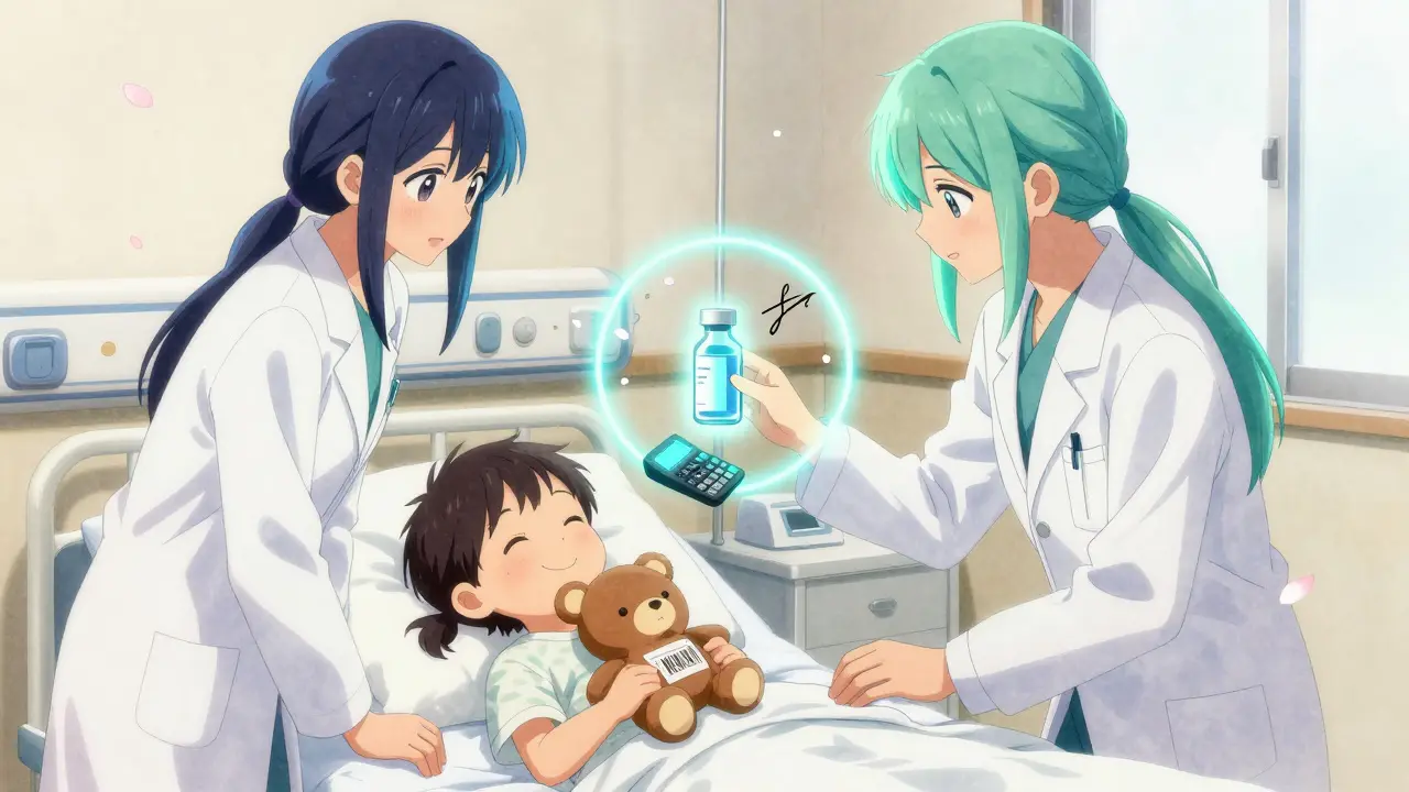 Two pharmacists double-checking a child's dose with glowing tools, protective light surrounding the medicine.