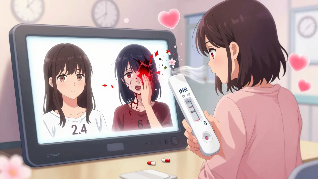 Woman testing INR at home, dual reflection showing stable vs. dangerous blood levels