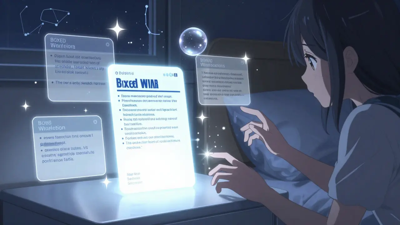 A digital drug label hovers with interactive warnings and tips, as a person reaches out to understand them.