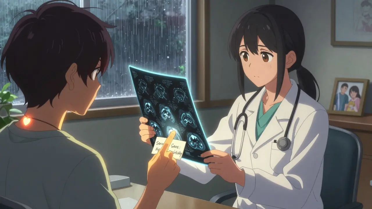 A doctor and patient examining an MRI scan with glowing brain patterns, symbolizing personalized treatment for alcohol use disorder.