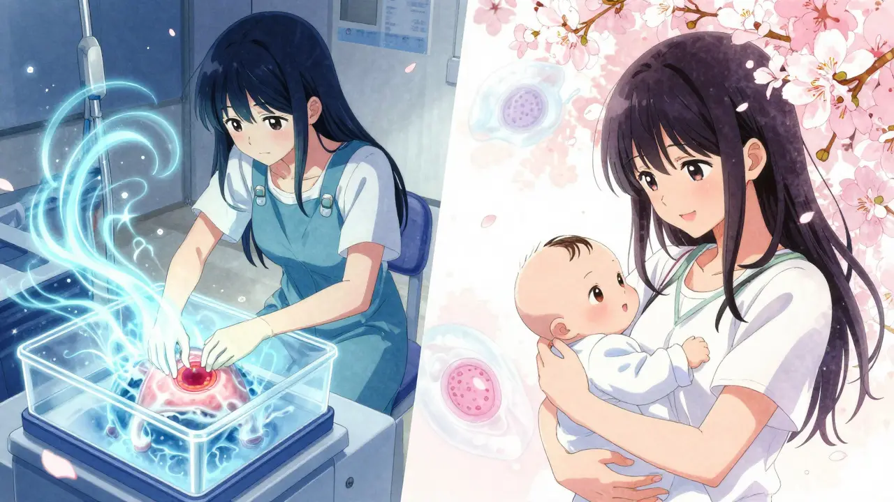 A girl undergoing ovarian tissue freezing, later reuniting with her child as glowing tissue floats like stardust around her.