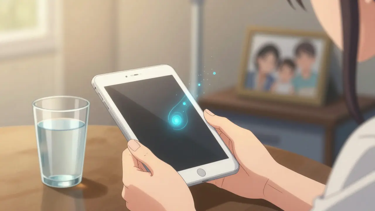 A hand holding a riluzole tablet with glowing particles representing its protective action against nerve damage.