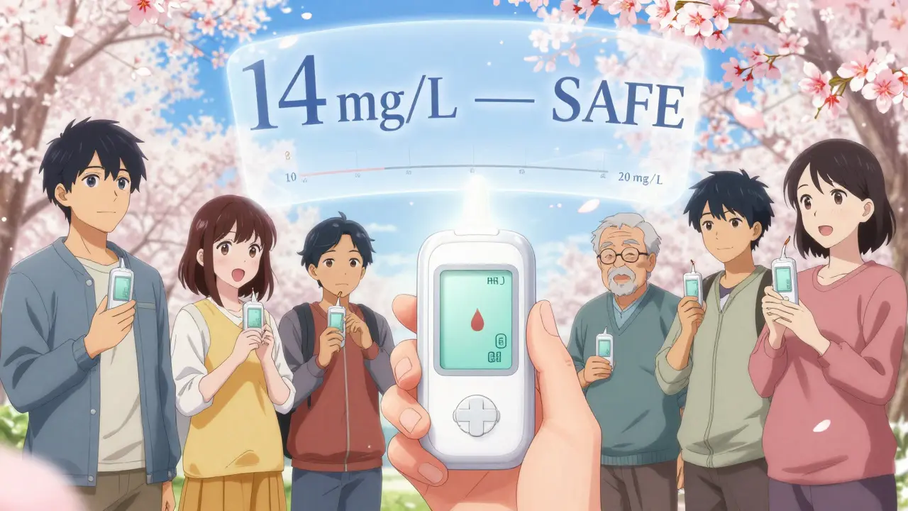 A handheld device displays a safe theophylline level as diverse patients look on with relief, surrounded by floating therapeutic range indicators.