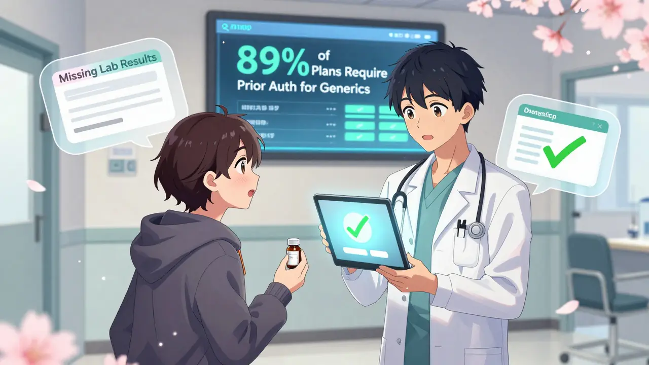 A medical assistant shows an approval notice to a relieved patient, with denied and approved form bubbles floating nearby.