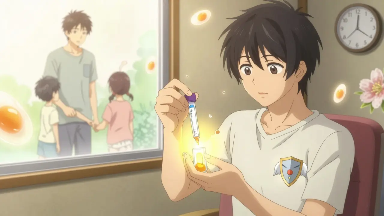 A young man banking sperm, his reflection showing a future with children, a protective shield glowing beside him.