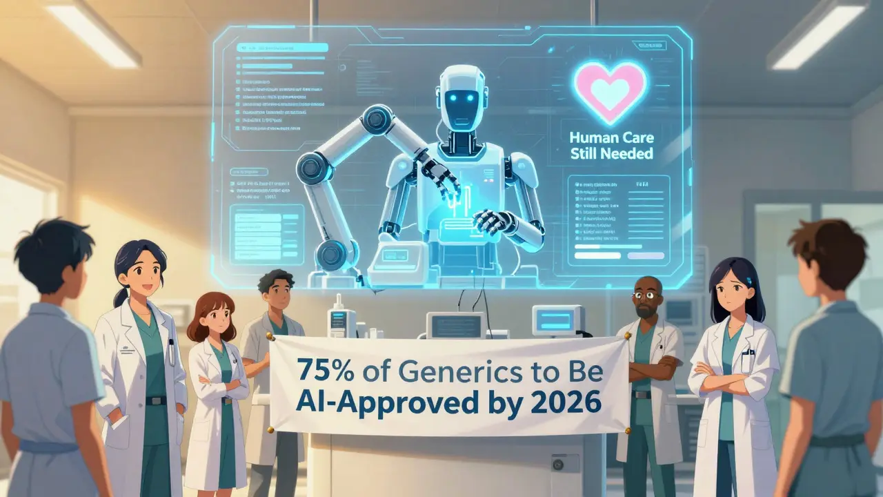 An AI system processes generic drug requests as providers watch, with a heart icon glowing above the interface.