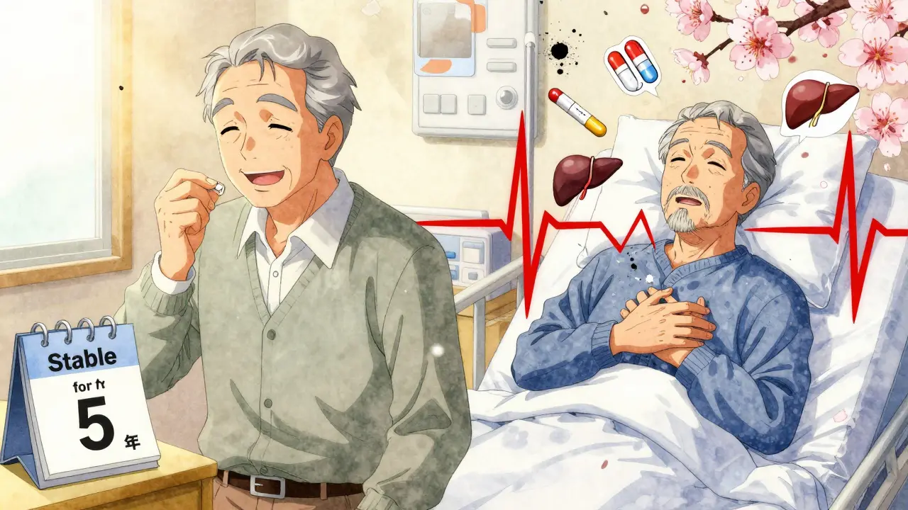 An elderly man transitions from a peaceful daily pill routine to a medical emergency, illustrated with falling cherry blossoms turning to ash.