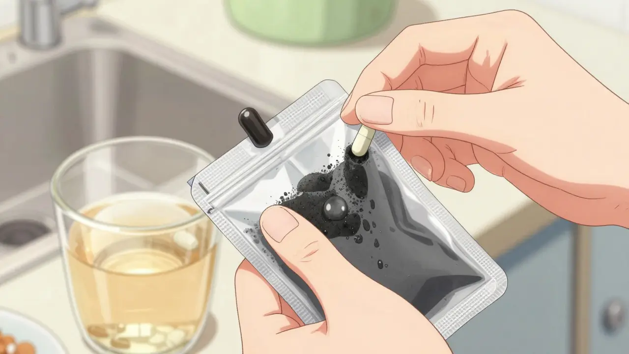 Person using deactivation pouch to neutralize opioids with water.