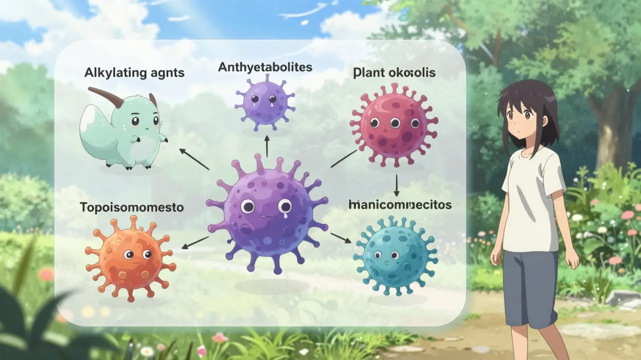 Six elegant drug creatures attacking a cancer cell, while a patient walks peacefully in a sunlit garden.