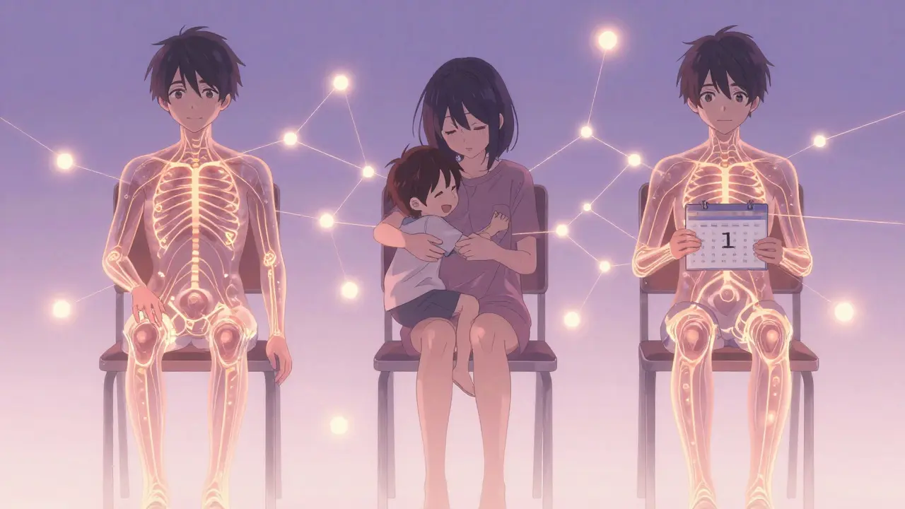 Three ALS patients with transparent bodies and glowing neural threads, surrounded by memories of loved ones.