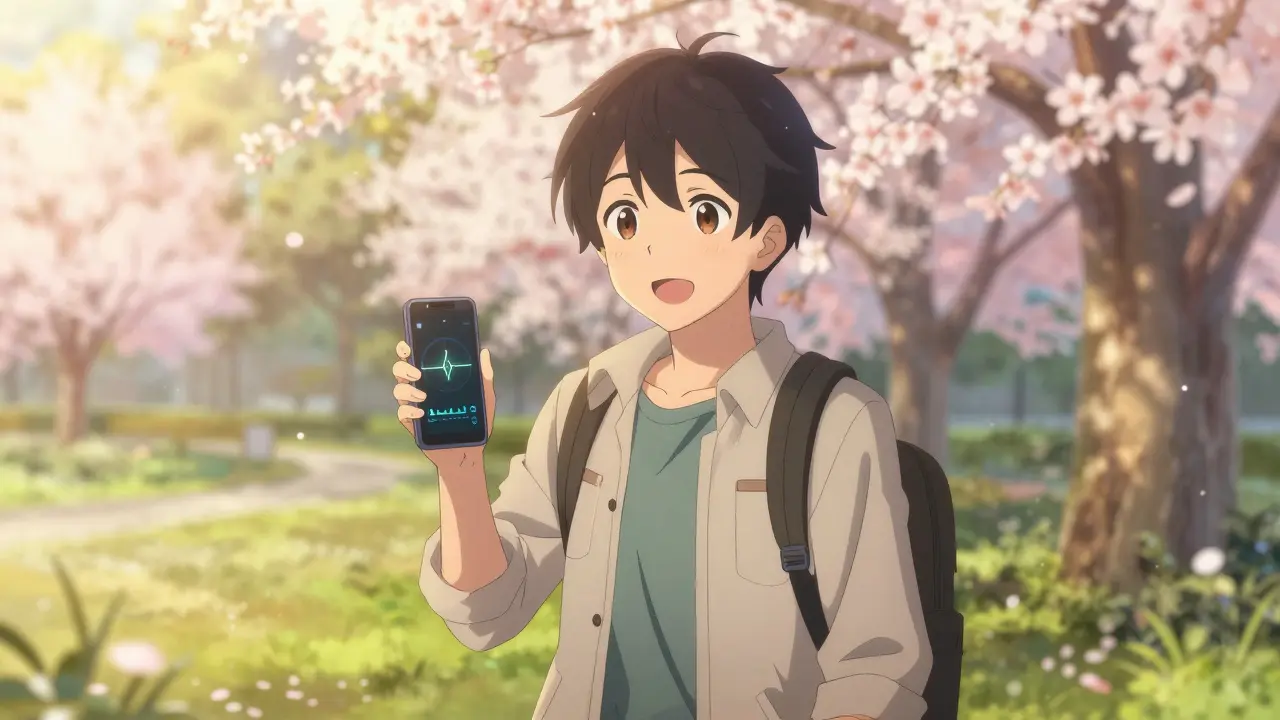 Traveler using smartphone with circadian rhythm interface at dawn