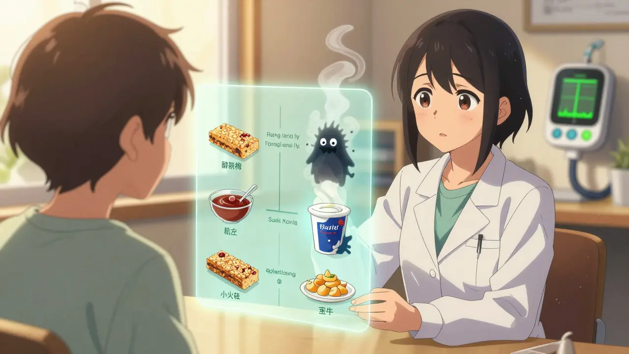 A dietitian helps a patient reveal hidden sugars in food, as shadowy sugar monsters dissolve away.