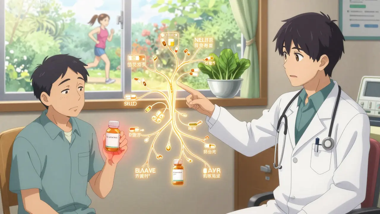 A doctor explains medication effects on blood vessels using a glowing flowchart in a warm clinic setting.