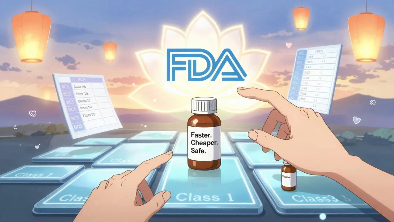 A gateway of tablets leading to medicine for patients, with BCS charts as floating lanterns and a lotus-shaped FDA seal.