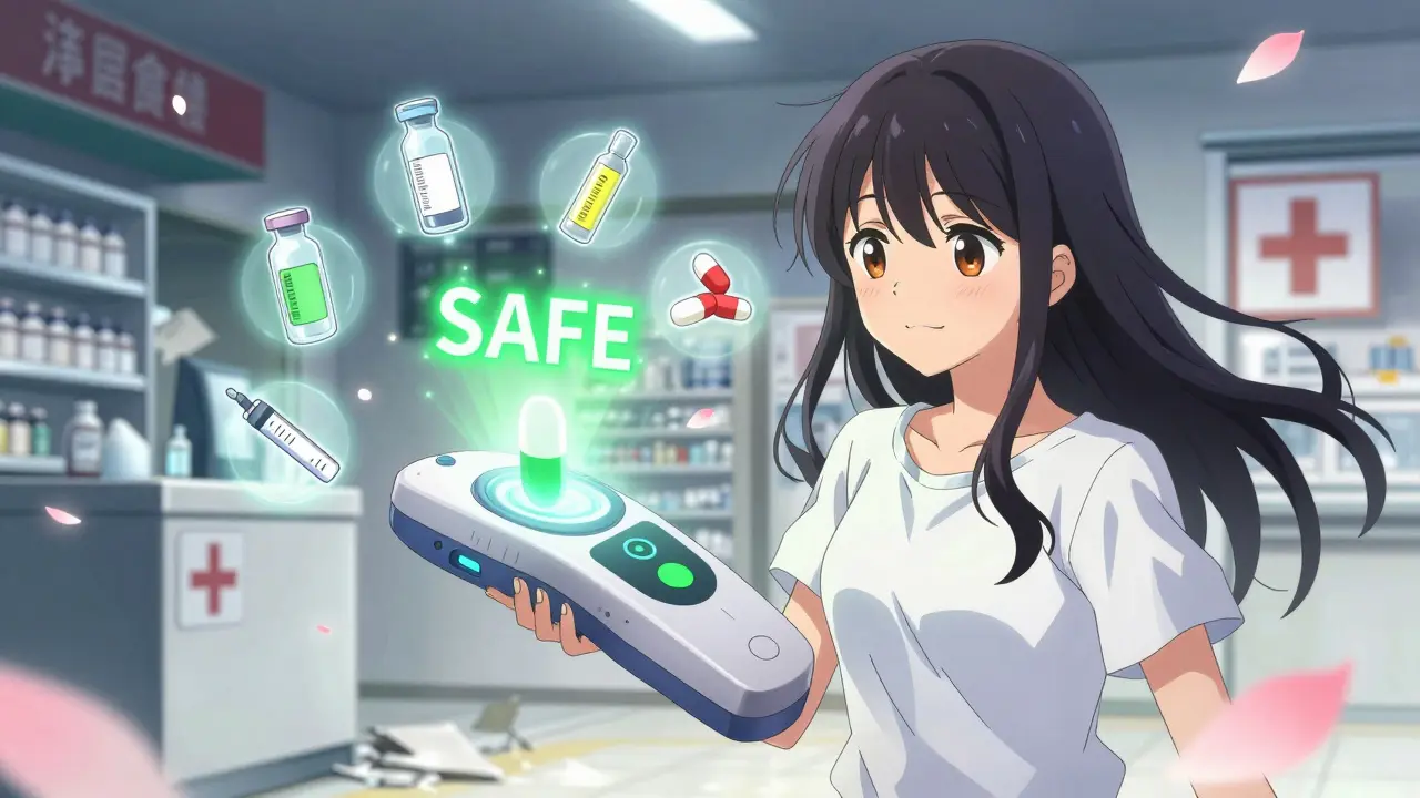 A girl uses a portable device that confirms a pill is safe, color-coded medication icons float around her.