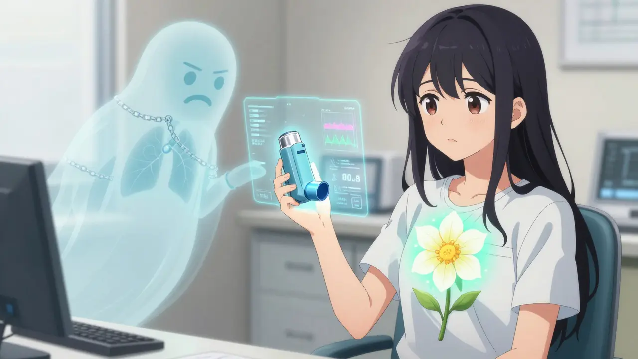 A girl using a smart inhaler that projects health data, while a fading steroid pill is replaced by a blooming flower over her chest.