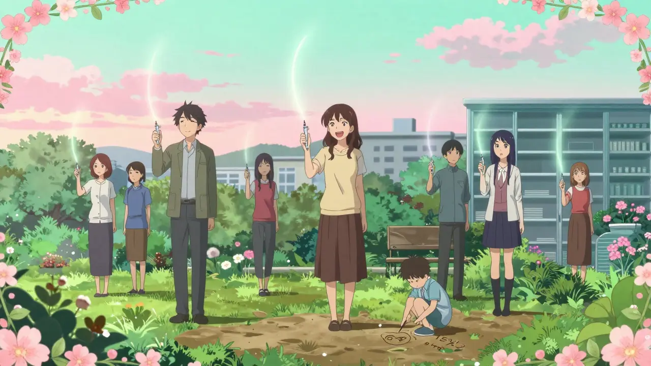 A group of people in a garden hold injection pens with glowing light trails, symbolizing weight loss and access disparities.