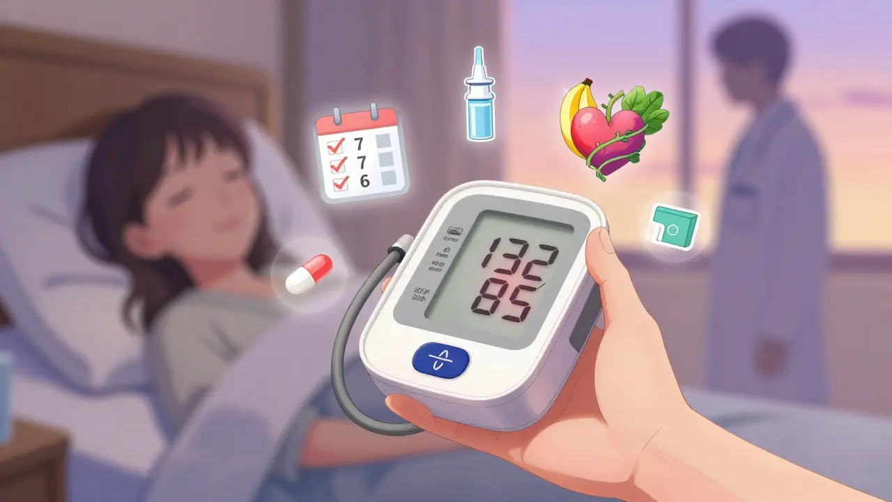A hand holds a blood pressure monitor as icons of healthy alternatives and monitoring days glow around it.