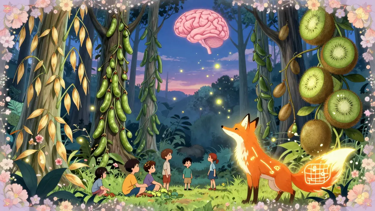 A magical forest of food plants with a wise fox guiding children to harvest fiber-rich foods under a glowing brain in the sky.
