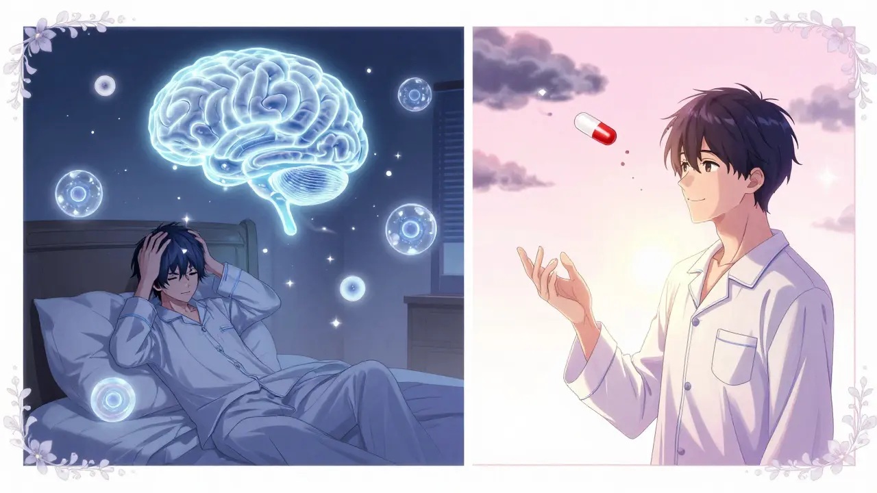 A man transitions from brain fog to clarity as he switches statins, shown in a split-panel manga scene.