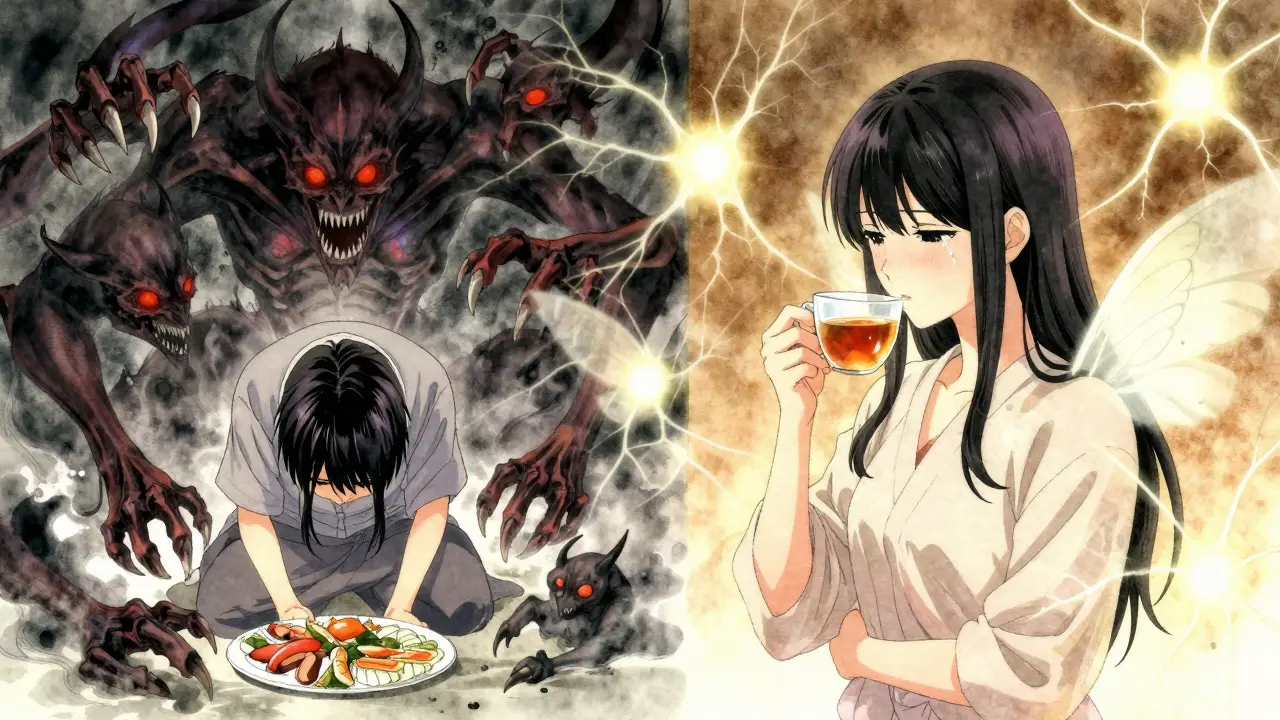 A person is shown in two panels: one overwhelmed by hunger demons, the other calm as glowing neurons bring peace.