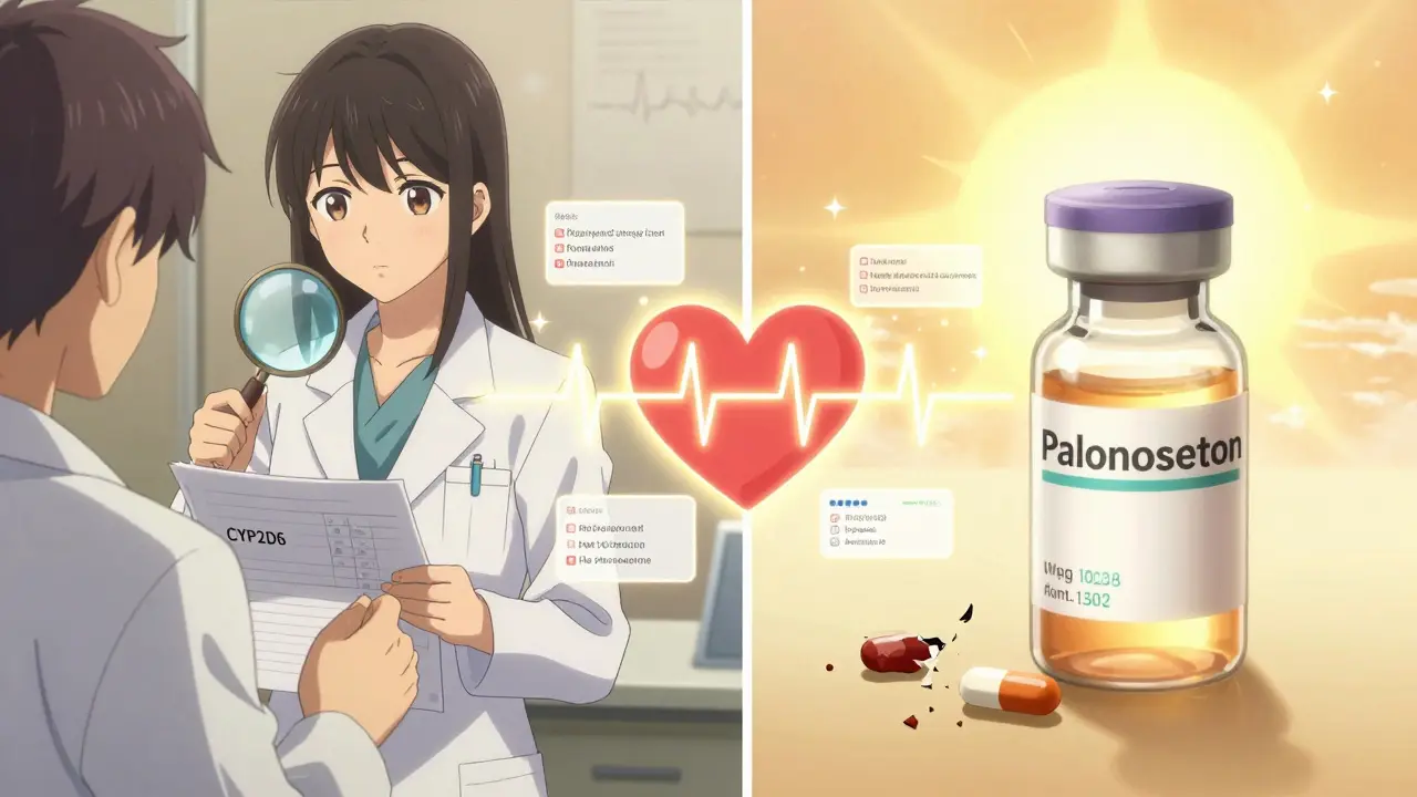 A pharmacist reviewing genetic markers as palonosetron replaces ondansetron, with dexamethasone glowing like a sun, and a healthy heart pulsing steadily between them.