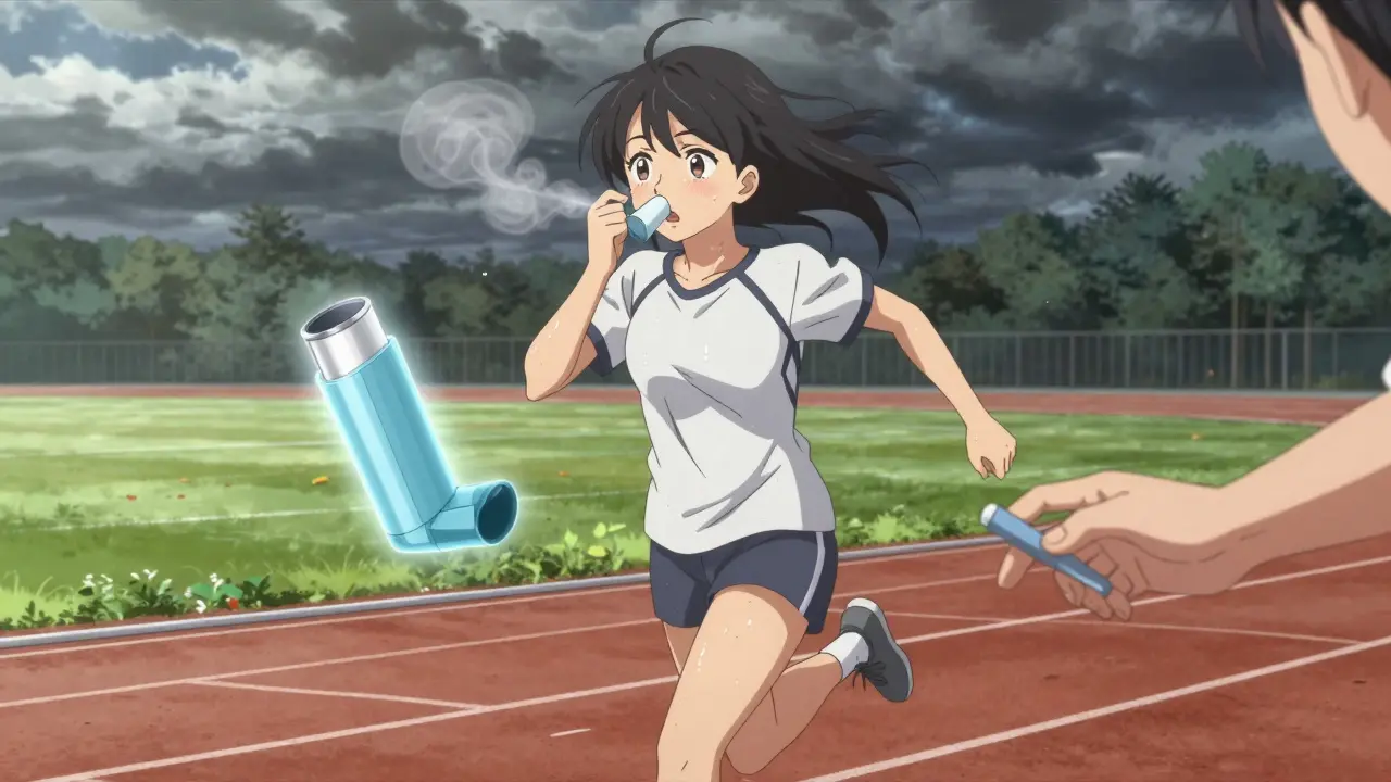 A runner mid-exercise with storm-like clouds forming around her chest, an inhaler floating nearby as a friend offers support.