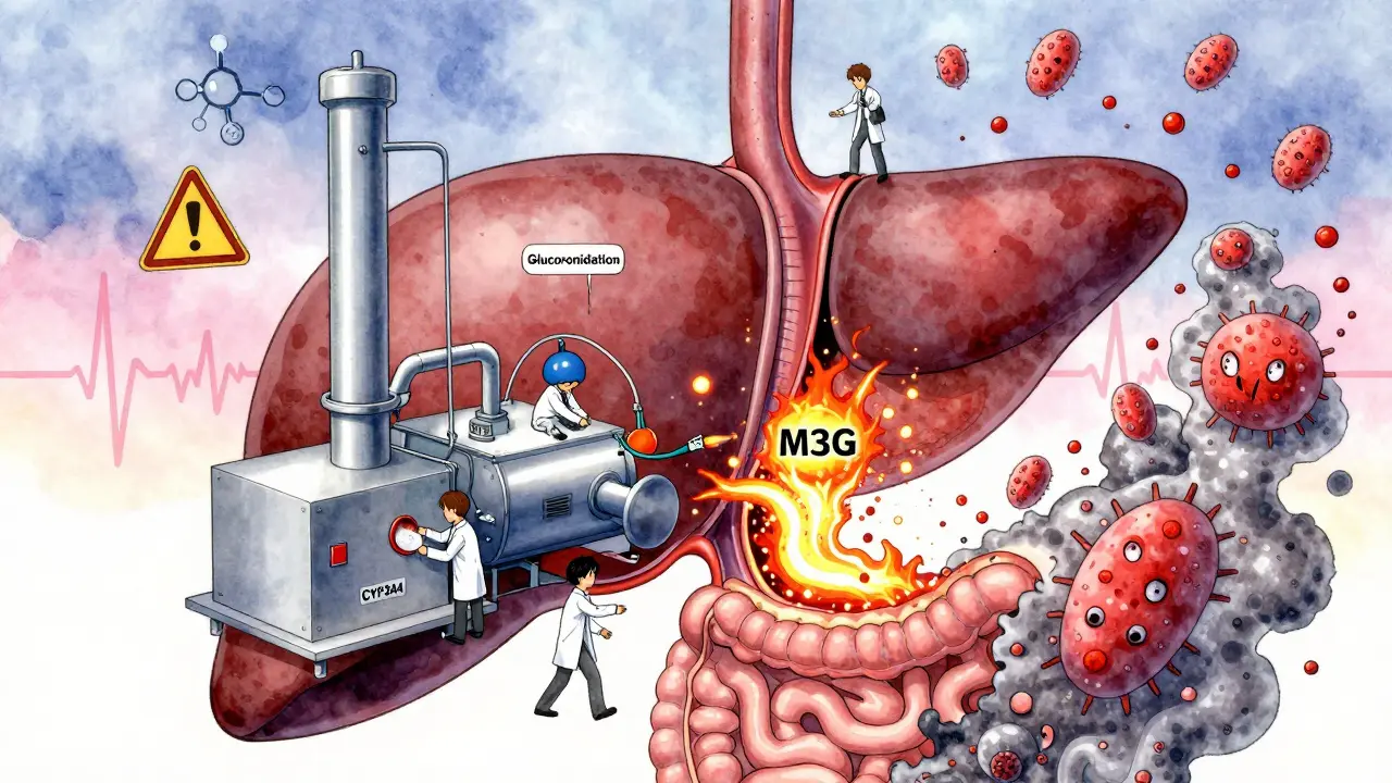 A symbolic liver factory with failing enzymes and toxic metabolites spilling into the gut, illustrated in delicate manga style.