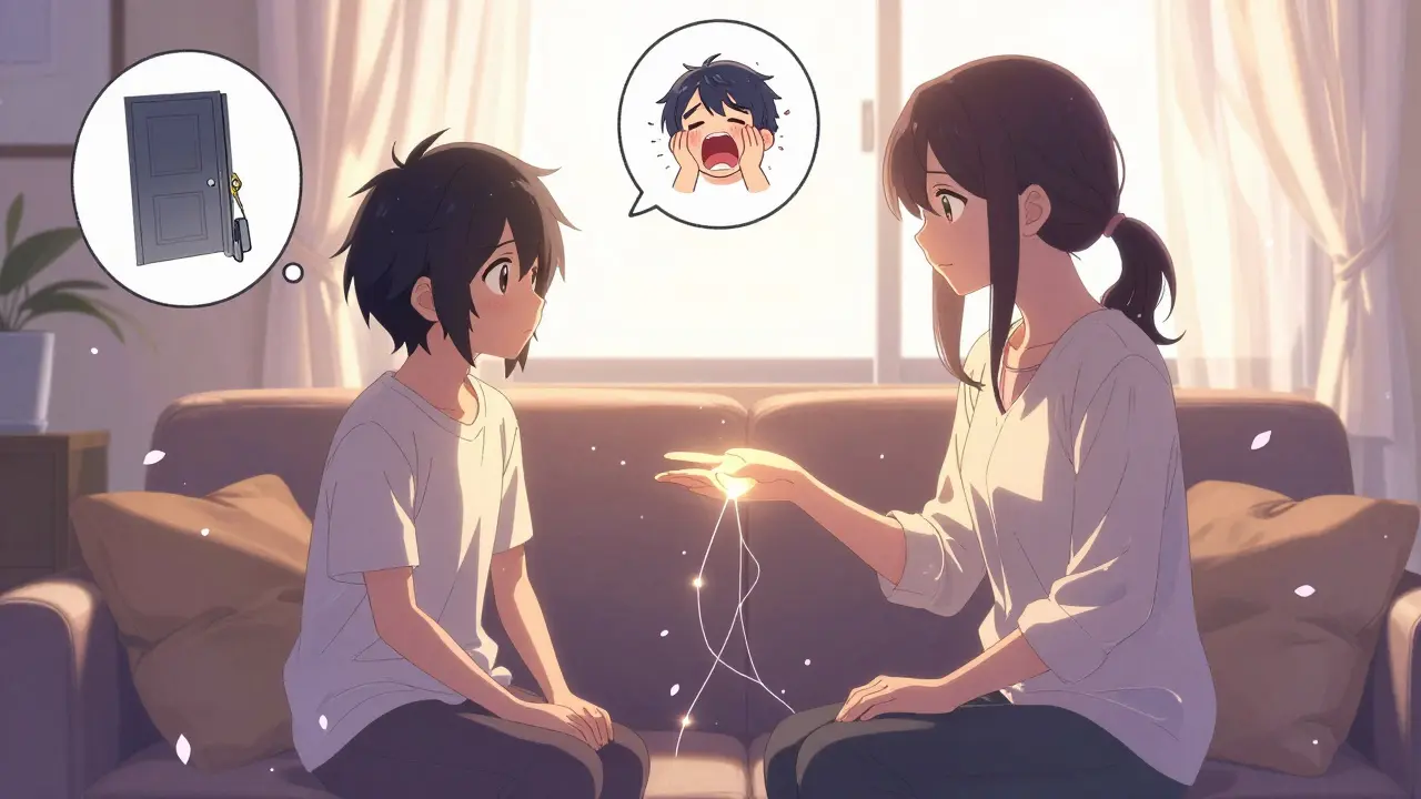 A teen and mother on a couch, nearly touching hands, a glowing thread forming between them as cherry blossoms float in a calm therapy room.