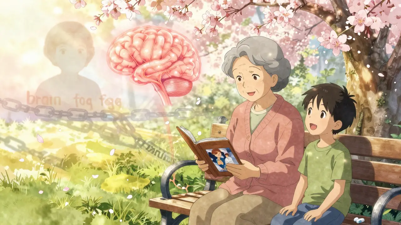 An elderly woman enjoys time with her grandson, symbolizing statins' protective effect on brain health.