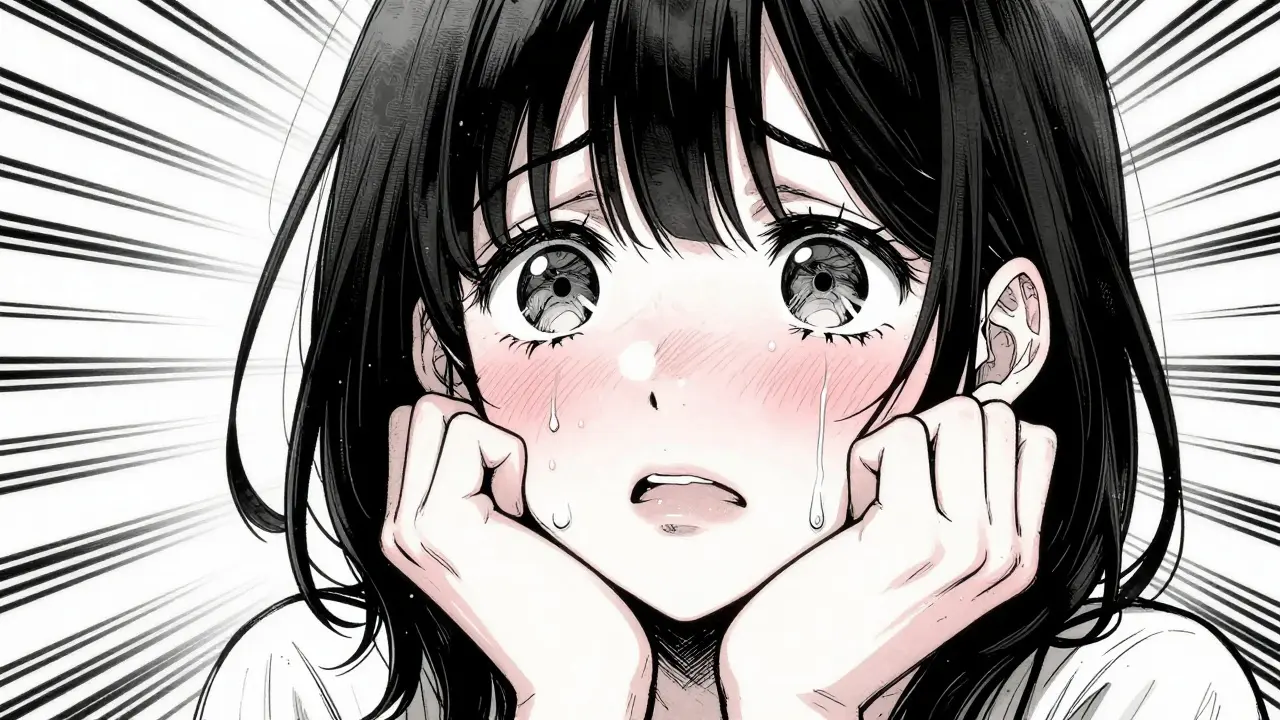 Anime character trembling with sweat and confused eyes