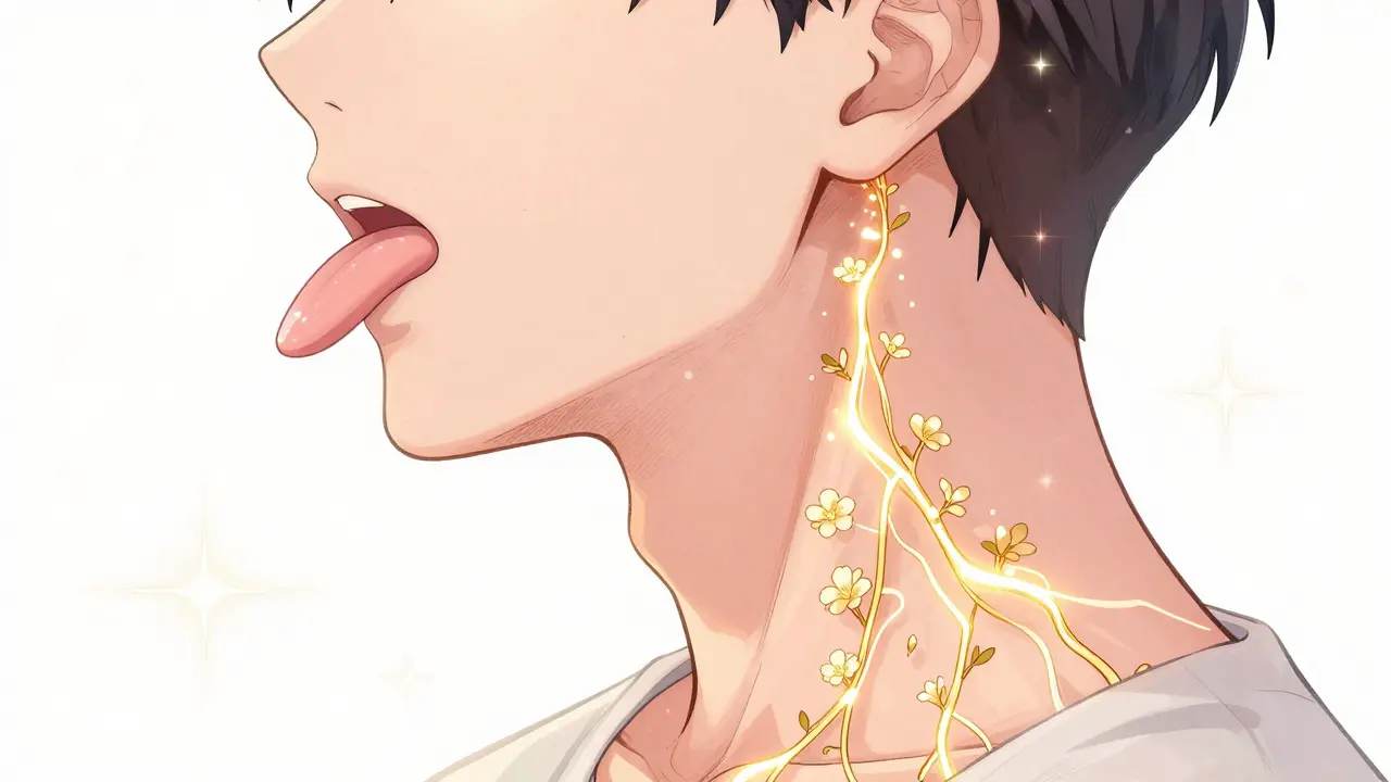 Artistic depiction of glowing energy flowing through the neck