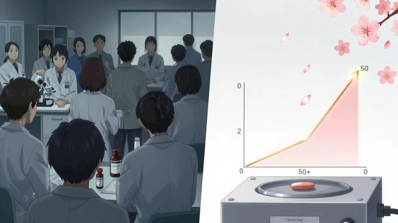 Contrasting a clinical trial room with a clean lab, as a glowing f2 curve rises like a cherry blossom.