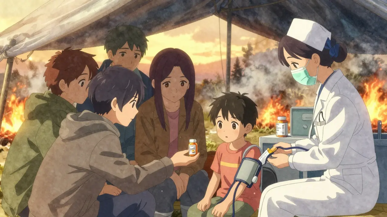 Evacuees share an expired antibiotic pill during a wildfire, a nurse checks a child's blood pressure.