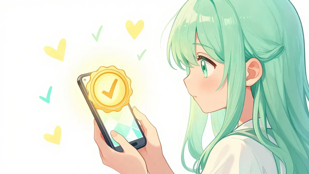 Girl holding glowing verification seal